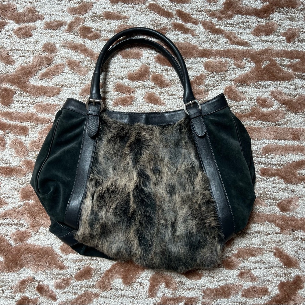 Lara Genuine Leather & Suede Shoulder Bag – Dark Teal-Gray with Shearling Accent